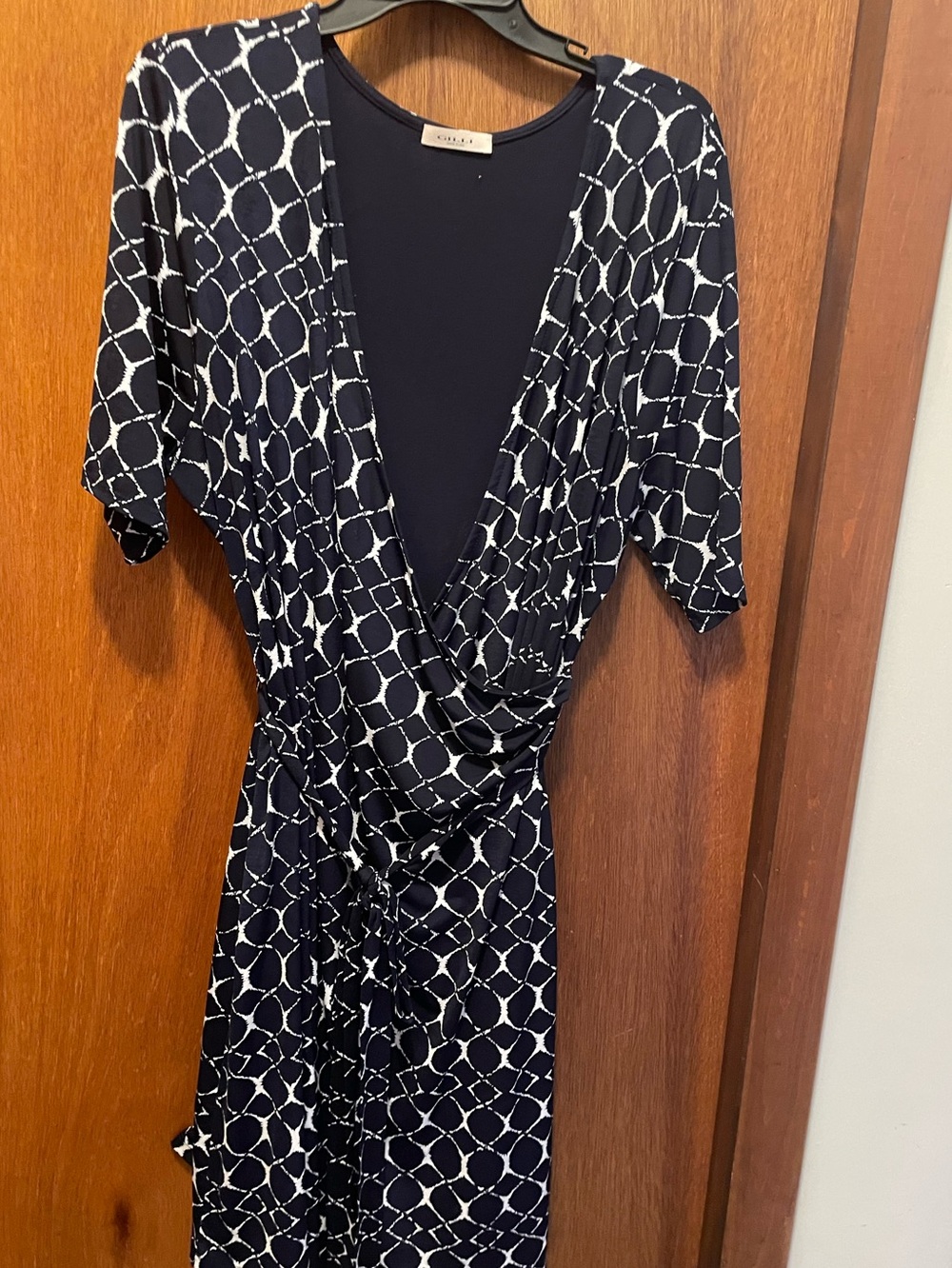 Navy Blue and White Patterned faux wrapped dress